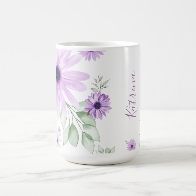 Personlig Violet Grönt Watercolor Flowers Kaffemugg (Center)