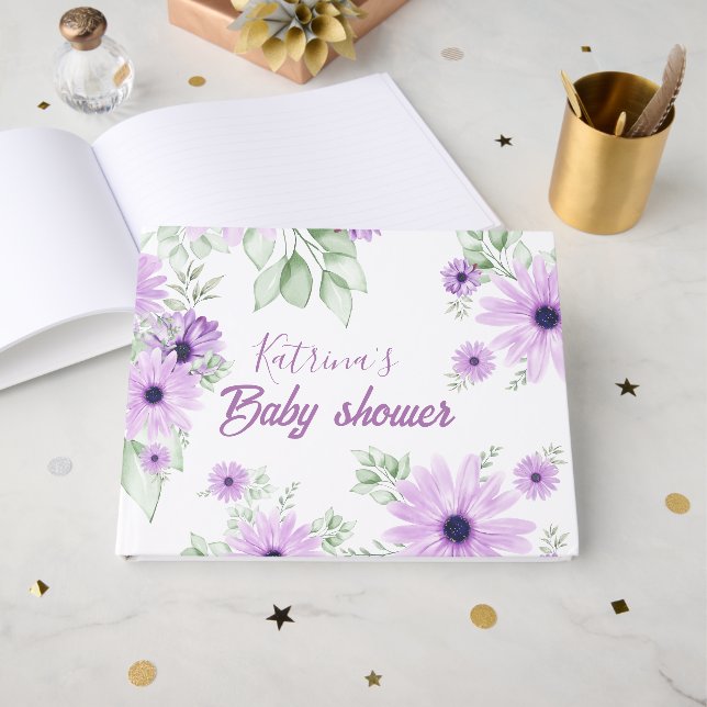 Personlig Violet Watercolor Flowers Baby Shower Gästböcker (Framsida Öppen)