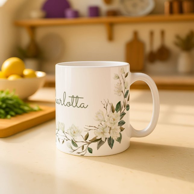 Personlig vit blomkruka med elegant anpassat namn kaffemugg (Skapare uppladdad)