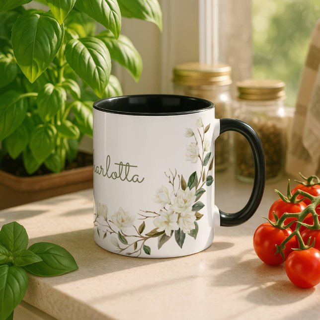 Personlig vit blomkruksmugg, elegant anpassat namn mugg (Skapare uppladdad)