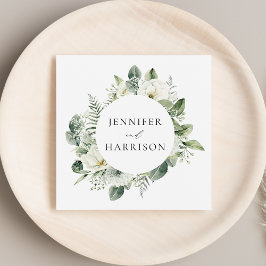 Personlig vit blomster- och grönbröllopsdekor pappersservett