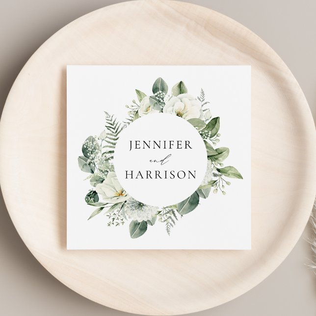 Personlig vit blomster- och grönbröllopsdekor pappersservett (Skapare uppladdad)