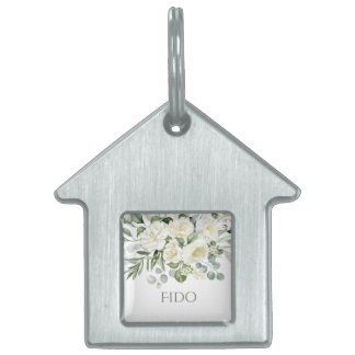 Personlig vit blomsterbröllopsdjurstag ID-bricka husdjur
