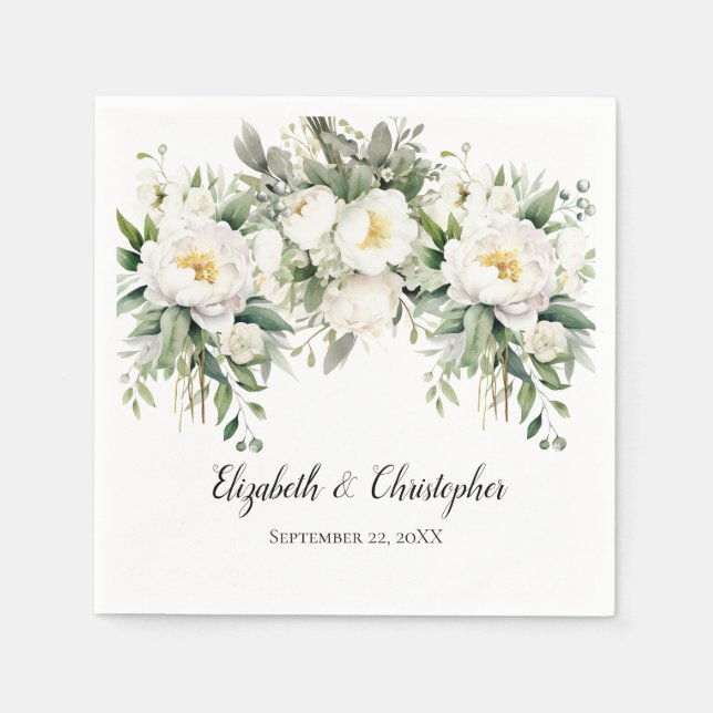 Personlig vit blomstergrönska bröllop  pappersservett (Framsidan)