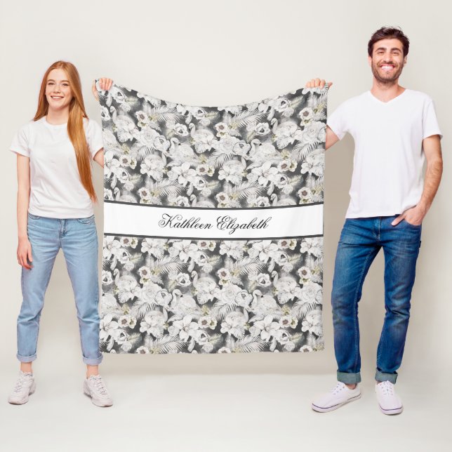 Personlig vit grå svan blomma blomster elegant  fleecefilt (På plats)