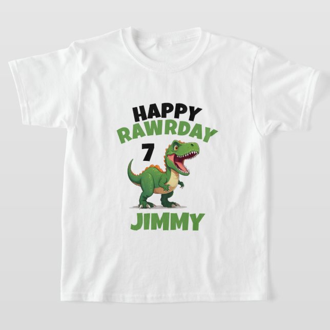 Personlig Vit & Grönt Rawr Kid Trex Birthday T Shirt (Laydown)