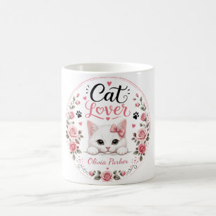 Personlig vit kattälskare namn rosa rosor kaffemugg