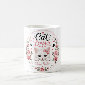 Personlig vit kattälskare namn rosa rosor kaffemugg