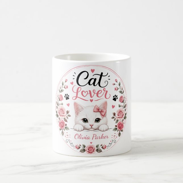 Personlig vit kattälskare namn rosa rosor kaffemugg (Center)
