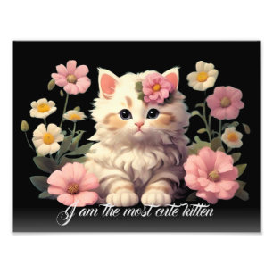 Personlig Vit kattunge Cute Cat in Flower Black Fototryck