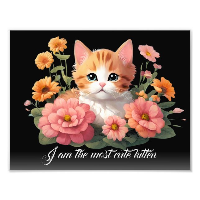 Personlig Vit kittkatt i Flower Black Fototryck (Framsidan)