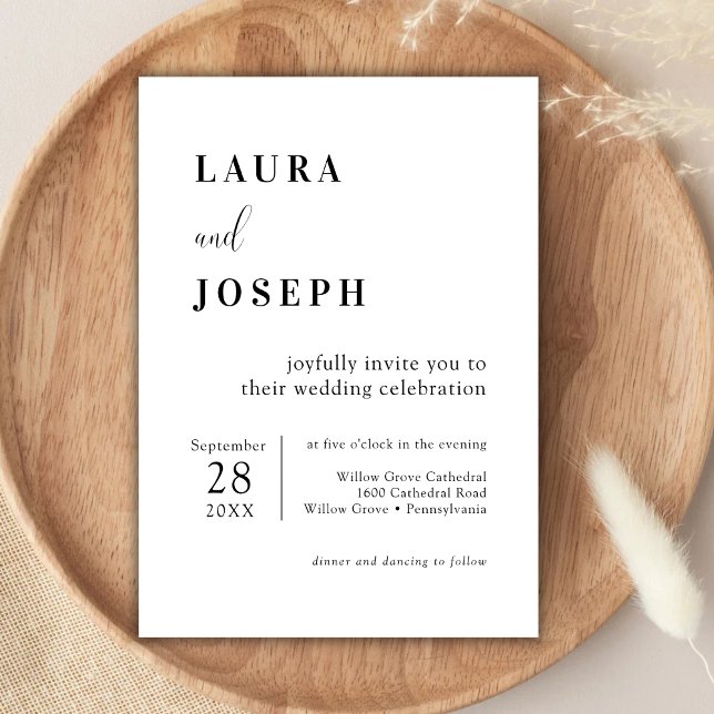 Personlig vit minimalistisk modern bröllopsfest inbjudningar (Personalized white minimalist modern wedding invitation sets a clean, timeless tone for your big day)