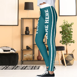 Personlig Vit Mörk Teal Rand Pet Namn Leggings