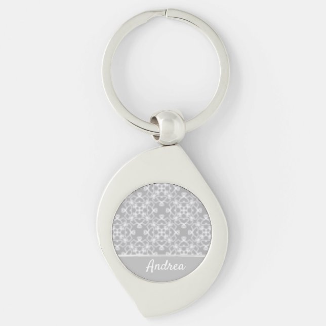 Personlig vit och grått mönster swirl silverfärgad nyckelring (Framsidan)