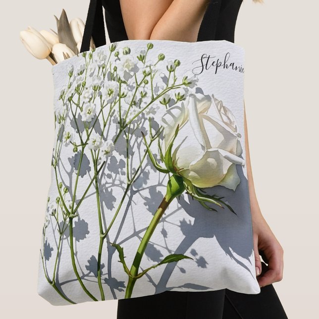 Personlig vit rosblomma Totebag Tygkasse (Skapare uppladdad)