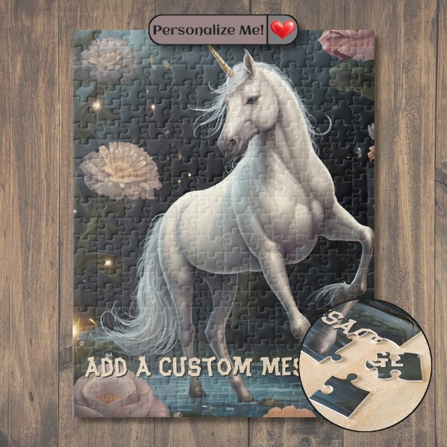 Personlig Vita Enhörning Blommor Pussel (Personalized White Unicorn Flowers Jigsaw Puzzle)