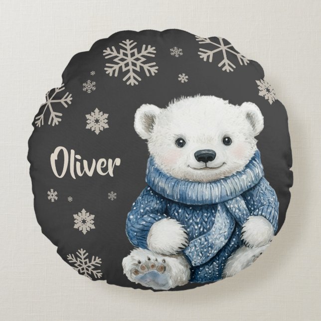 Personlig Vitbjörn Jul Snowflake Rund Kudde (Framsidan)
