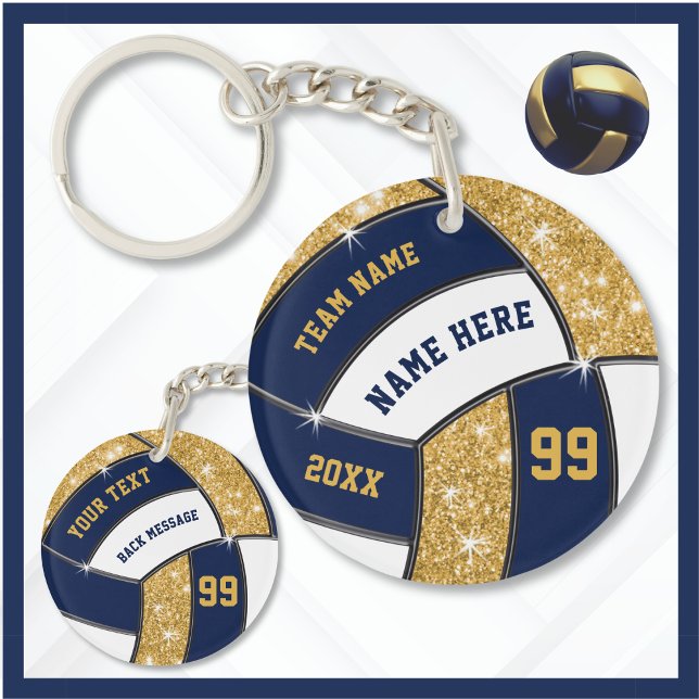 Personlig Volleyball Keychains, 6 textrutor (Volleyball Team Gift Ideas for Girls Volleyball Team. Navy Blue, Gold and White, Volleyball Keychain)