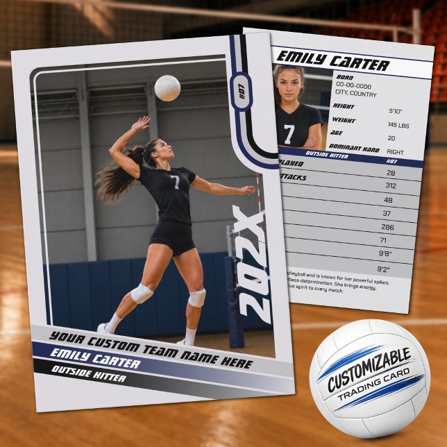 Personlig volleybollkort i blågrå färg (Personalized Blue, Gray & White Volleyball Trading Card – Add Your Name & Photo)