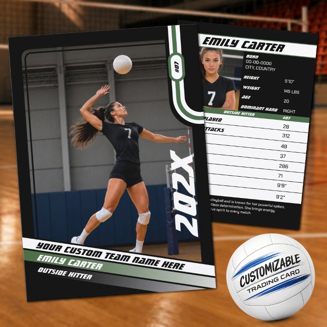 Personlig volleybollkort i grönt och svart (Custom Green, Black & White Volleyball Trading Card – Add Your Photo & Stats)