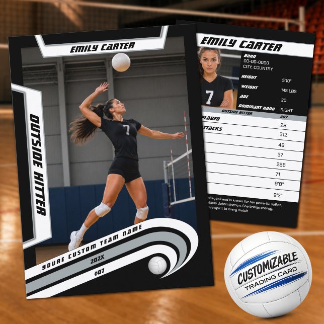 Personlig volleybollkort silver vit (Show Off Your Skills with a Silver, White & Black Custom Volleyball Trading Card)
