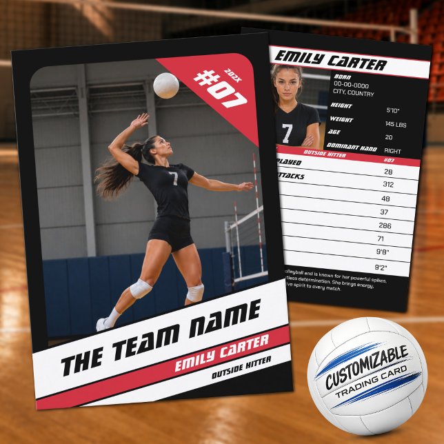 Personlig volleybollkort svart röd (Stand Out with a Black, Red & White Volleyball Trading Card)