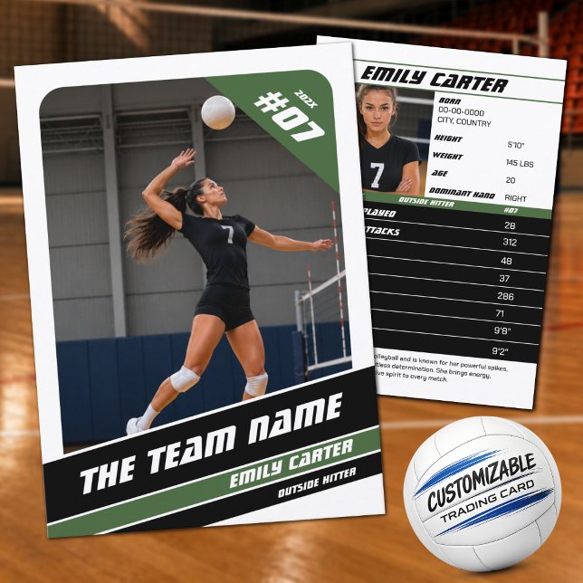 Personlig volleybollkort vit grön (Show Off Your Skills with a White, Green & Black Custom Volleyball Trading Card)