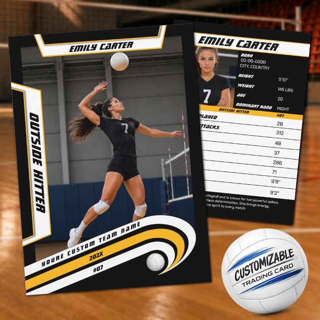 Personlig volleybollssamlarbild gul vit (Custom Yellow, White & Black Volleyball Trading Card – Add Your Photo & Stats)
