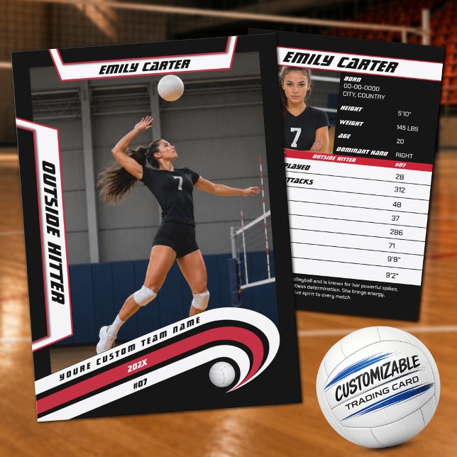 Personlig volleybollträffkort Röd Vit (Bold Red, White & Black Volleyball Trading Card – Fully Customizable)