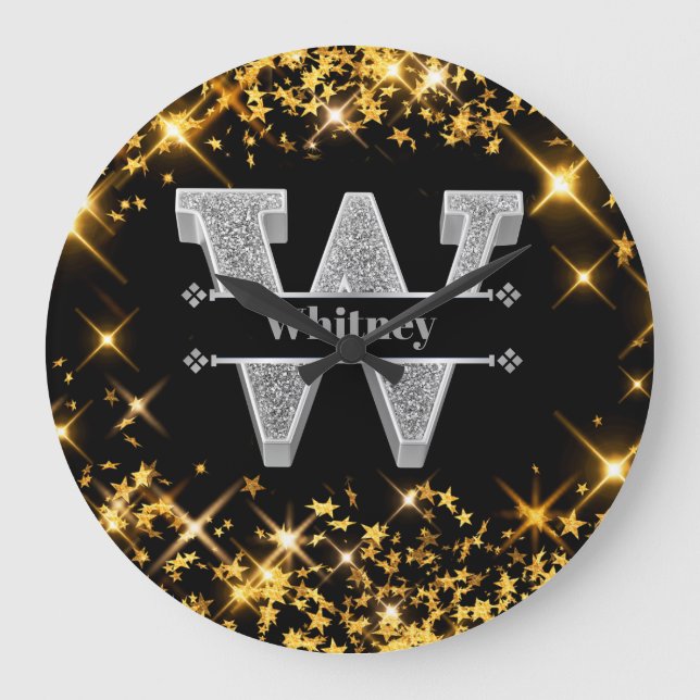 Personlig W Inledande Silver Monogram Ditt namn Stor Klocka (Framsida)