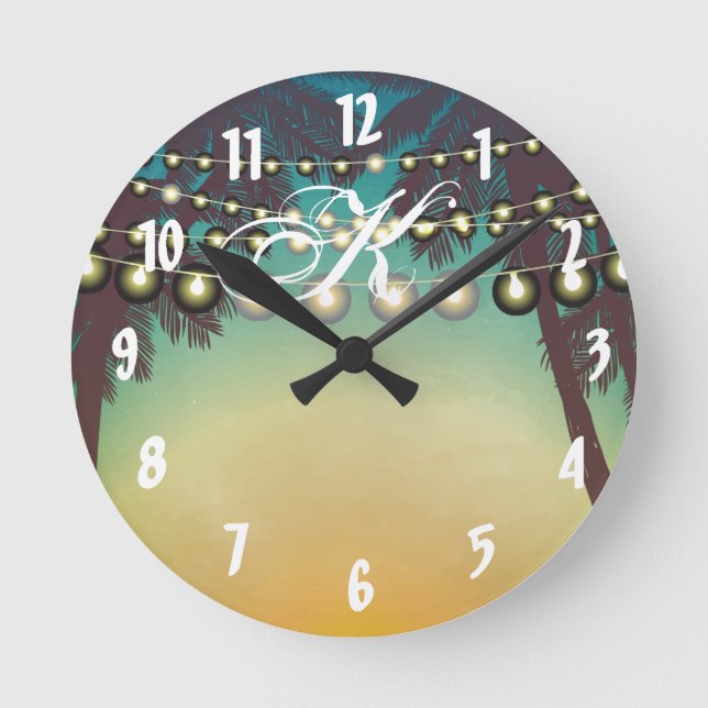 Personlig Wall Clock Beach Sunset Handflatan Träd  Rund Klocka (Framsida)