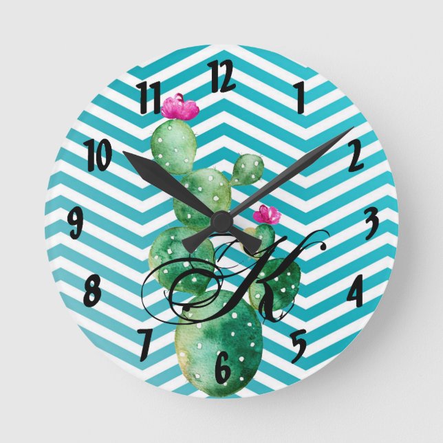 Personlig Wall Clock Boho Cacti Cactus Succuls Rund Klocka (Framsida)