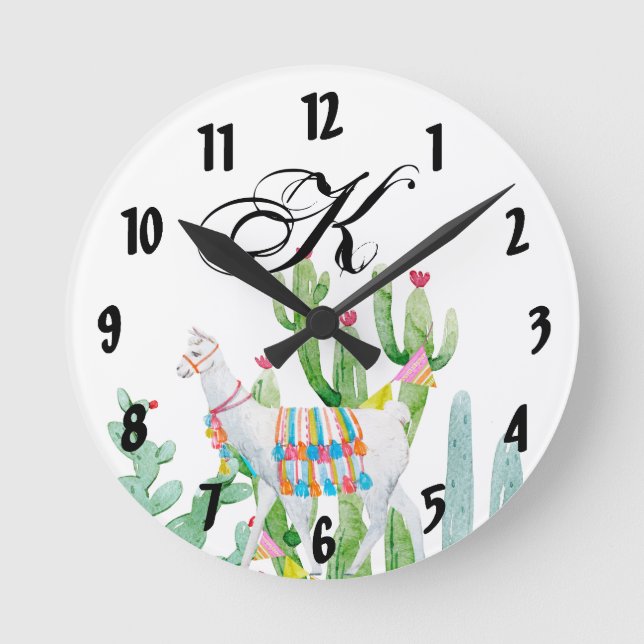 Personlig Wall Clock Boho Llama Bohemian Cacti Rund Klocka (Framsida)