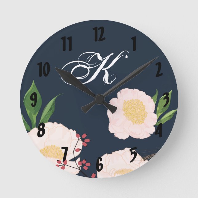Personlig Wall Clock White Blommigt Flowers on Da Rund Klocka (Framsida)