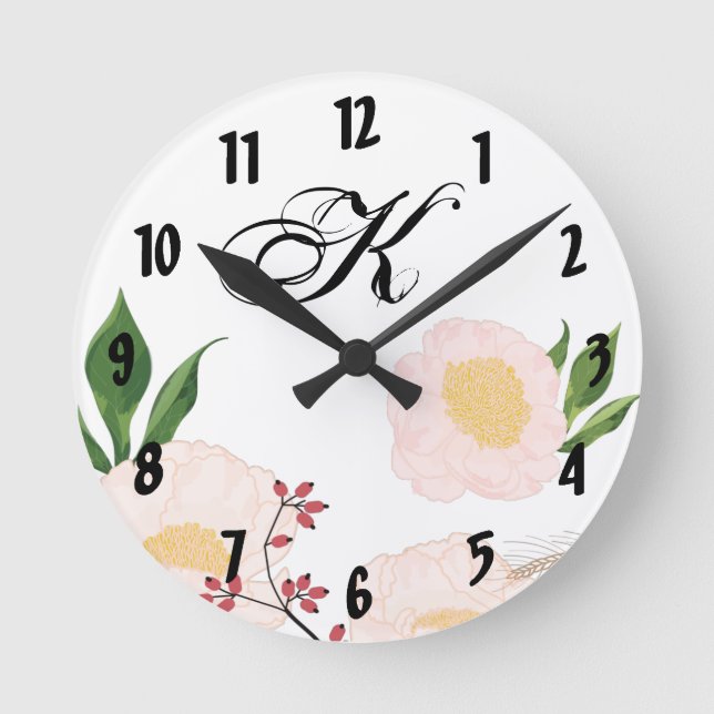 Personlig Wall Clock White Blommigt Flowers på Wh Rund Klocka (Framsida)