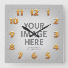 Personlig Wall Clocks Square Photo Guld Numbers Fyrkantig Klocka