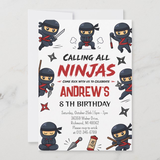 Personlig Warrior Ninja Födelsedagsfest Inbjudningar (Framsida)