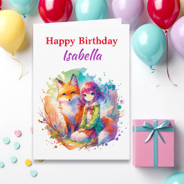 Personlig Watercolor Anime Girl Fox Birthday Kort