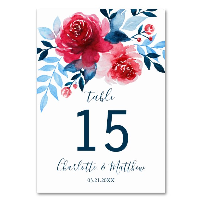 Personlig Watercolor Blommigt Bröllop Bordsnummer (Framsidan)