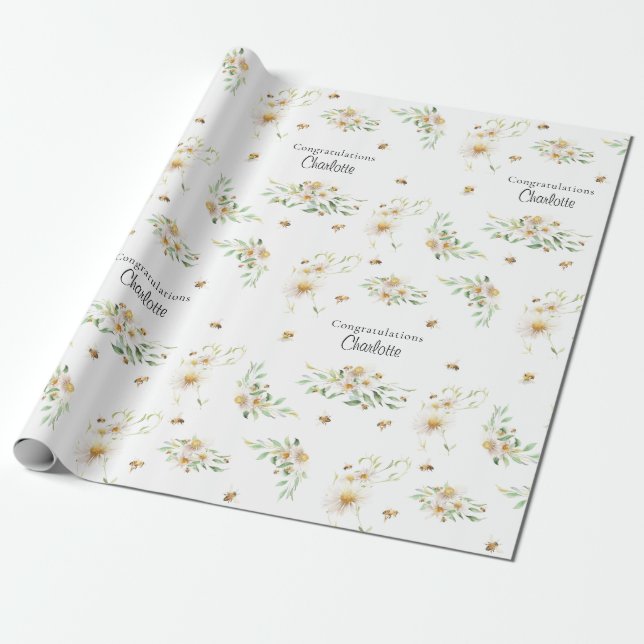 Personlig Watercolor Blommigt Honeybee Presentpapper (Utrullad)