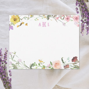 Personlig Watercolor Blommigt Monogram Stationery Anteckningskort