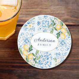 Personlig Watercolor Blue Italy Tile Lemon Underlägg