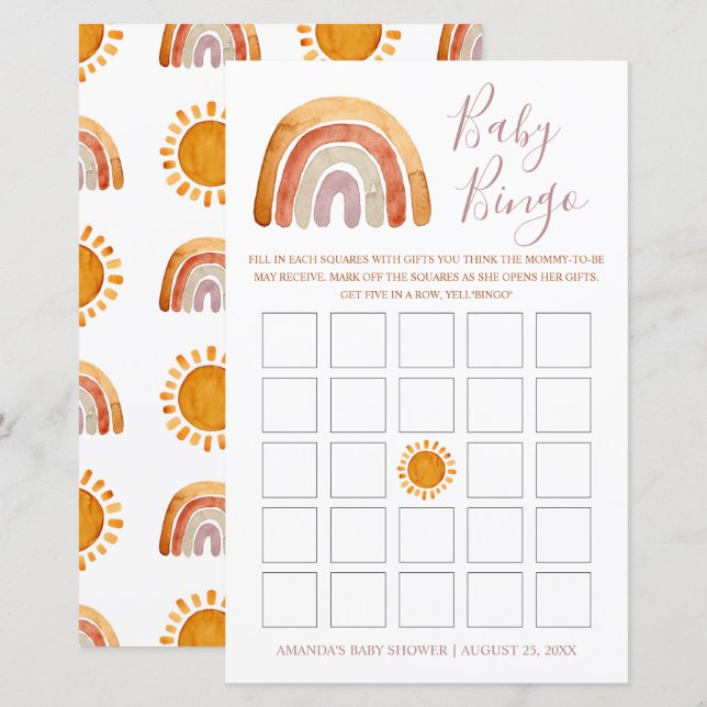 Personlig Watercolor Boho Rainbow Baby Bingo (Fram/baksida)