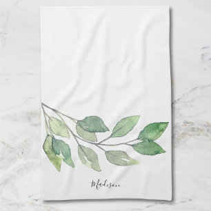 Personlig Watercolor Greenery Kökshandduk