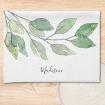 Personlig Watercolor Greenery Kökshandduk<br><div class="desc">Den här unika kökshandduken för personlig är dekorerad med vattenfärgsgrön och snyggt-manustypografi. Enkelt anpassade. Gör en underbar hemmavärmargåva. Ursprunglig vattenfärg © Michele Davies.</div>