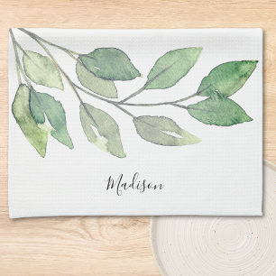 Personlig Watercolor Greenery Kökshandduk