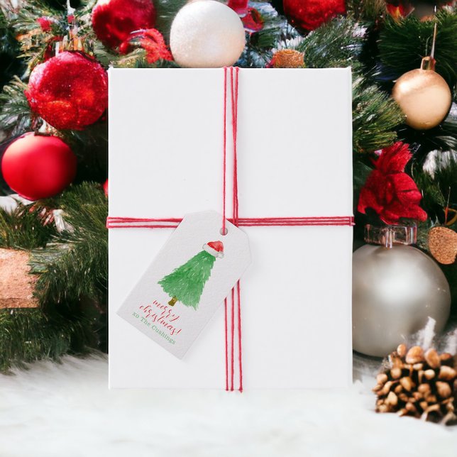 Personlig Watercolor Julgran Santa Hat Presentetikett (Skapare uppladdad)