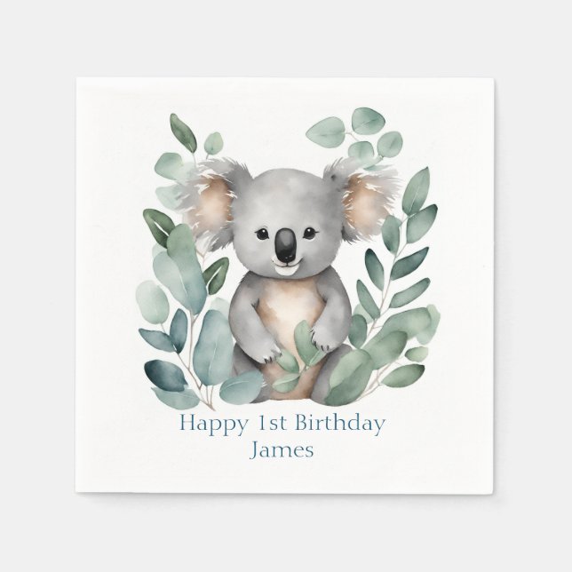 Personlig Watercolor Koala Bear Birthday Pappersservett (Framsidan)