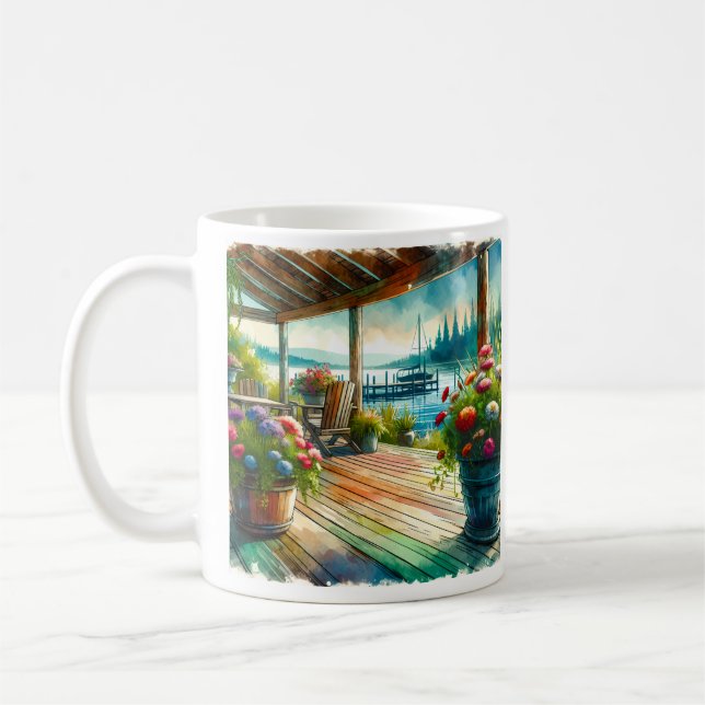 Personlig Watercolor Lakehouse Deck Kaffemugg (Vänster)