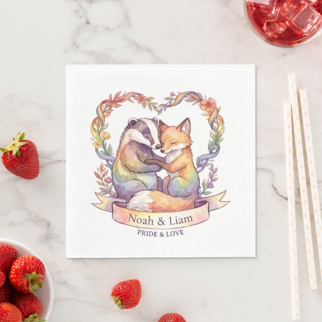 Personlig Watercolor Rainbow Fox & Badger Pride Pappersservett (Insitu)